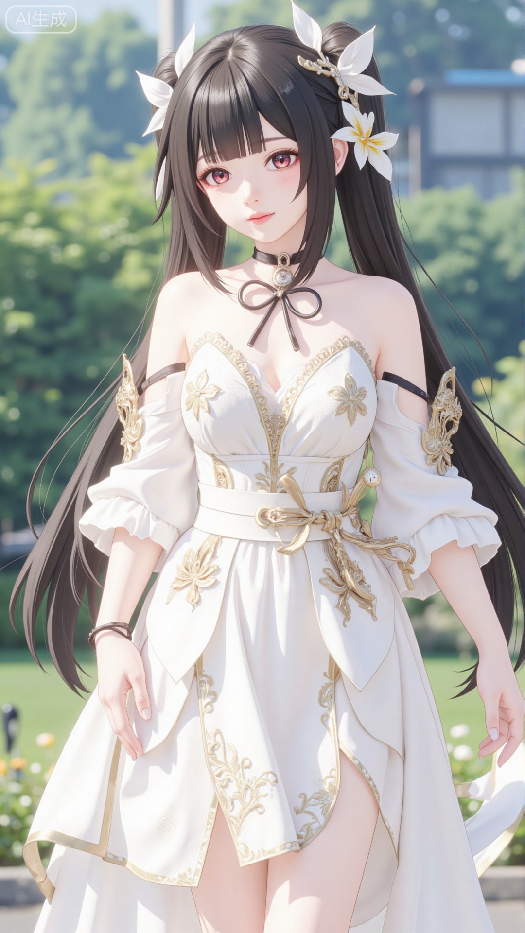 1girl, white wedding dress,looking at viewer, mischevious smile, perfect body, scenery, sharp focus, best quality, masterpiece, detailed outfit, illustration, perfect eyes, finely detailed beautiful anime eyes, realistic skin, intricate details, best lighting, depth of field, ultra high resolution, cowboy_shot, bride