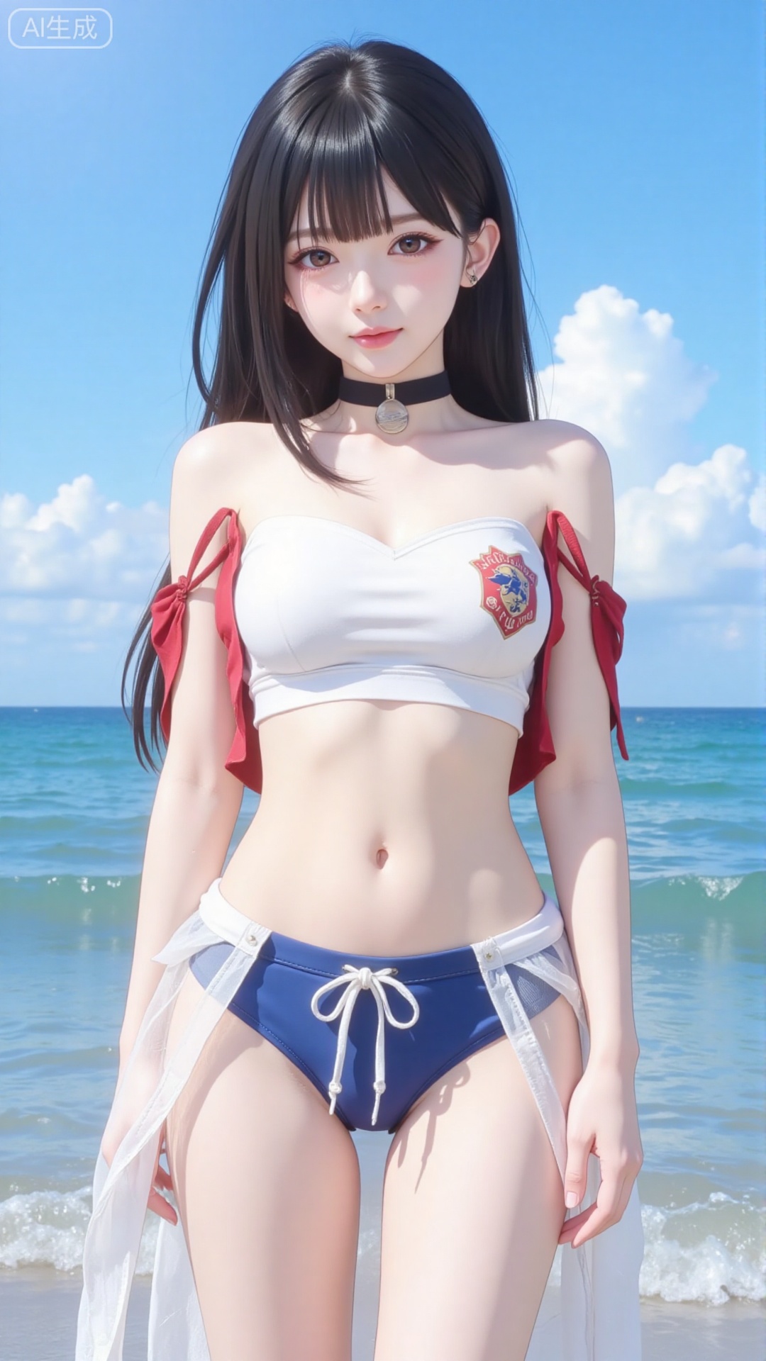 Korean girl, single, showing navel, long hair, thighs, wearing shirt, outdoors, looking at viewer, realistic style, with water and sky, daytime, fair thighs, white tube top, short top, sea, lips, blue sky, short sleeves, smile, clouds, dark eyes, big eyes Eyes, plump breasts, plump breasts, chest, looking at the audience, looking at the screen, bare shoulders, collarbone, standing in the sea, (((upper body red short-sleeved, short top)), (((wearing a translucent The white gauze skirt and blue swimming trunks with the school team logo)) were soaked in the water and were soaked.