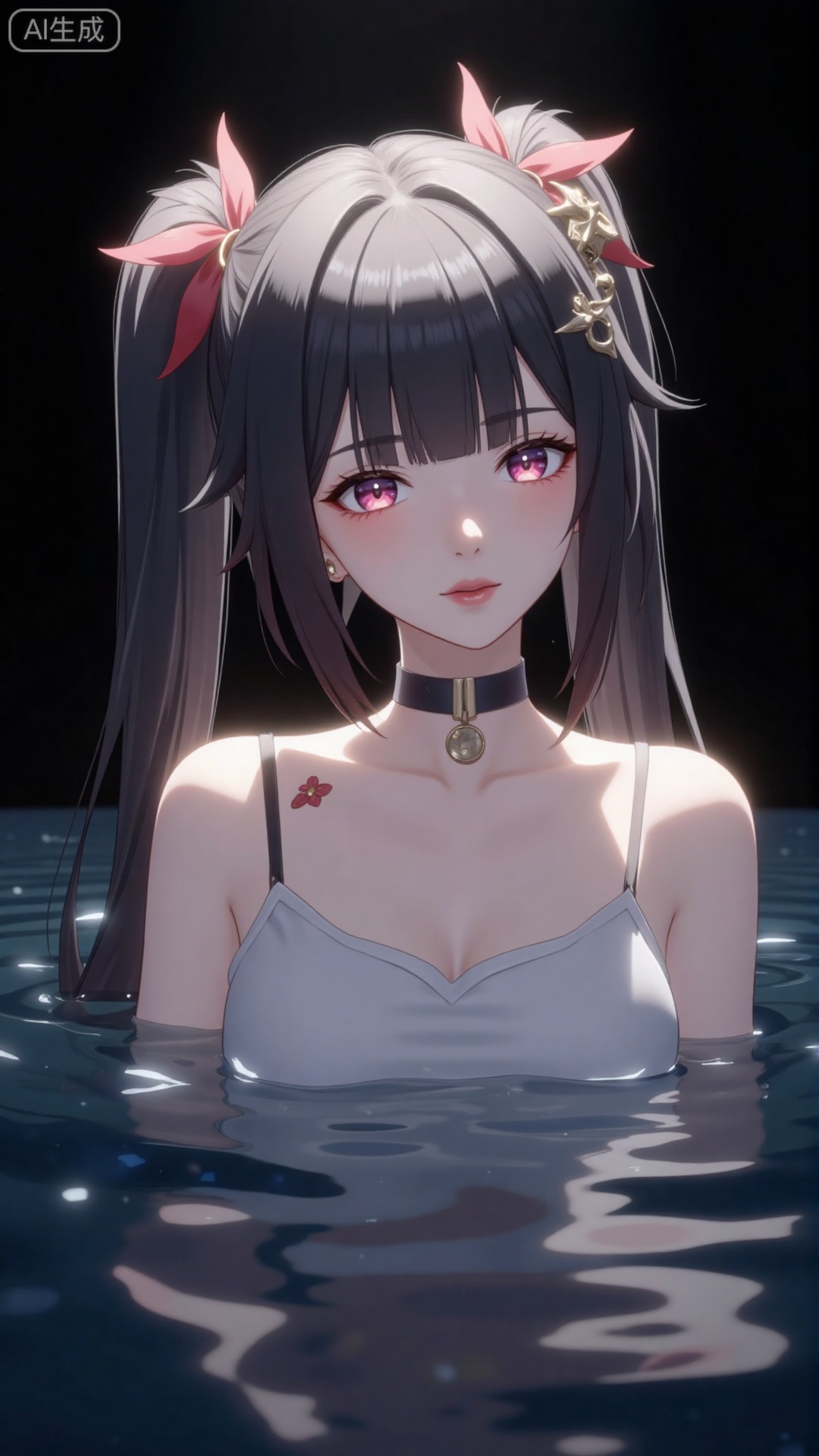 1girl, solo, long hair, red lips,looking at viewer, upper body, glowing hair,hair ornament,white sling shirt,bare shoulders,in water,hair bun,ribbon,earrings,black background,light,dark background