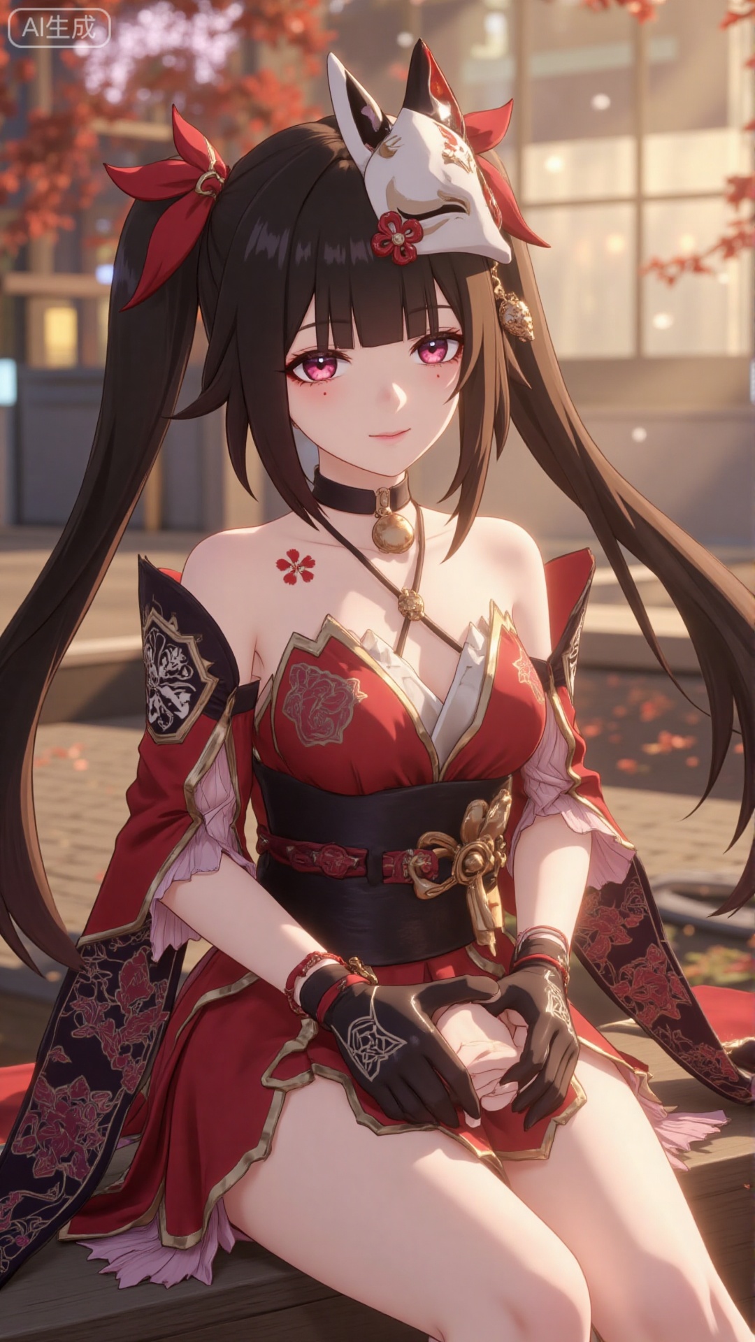 1girl, gloves, looking at viewer, long hair, twintails, bangs, hair ornament, fox mask, mask, brown hair, black gloves, bare shoulders, mischevious smile, perfect body, scenery, sharp focus, best quality, masterpiece, detailed outfit, illustration, perfect eyes, finely detailed beautiful anime eyes, realistic skin, intricate details, best lighting, depth of field, ultra high resolution,sitting