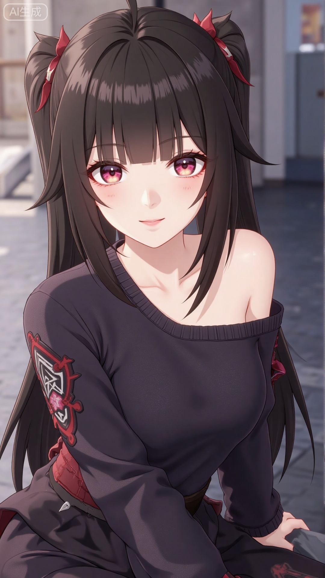 1girl, solo, long hair, looking at viewer, smile, sitting, collarbone, off shoulder, sweater, messy hair, realistic