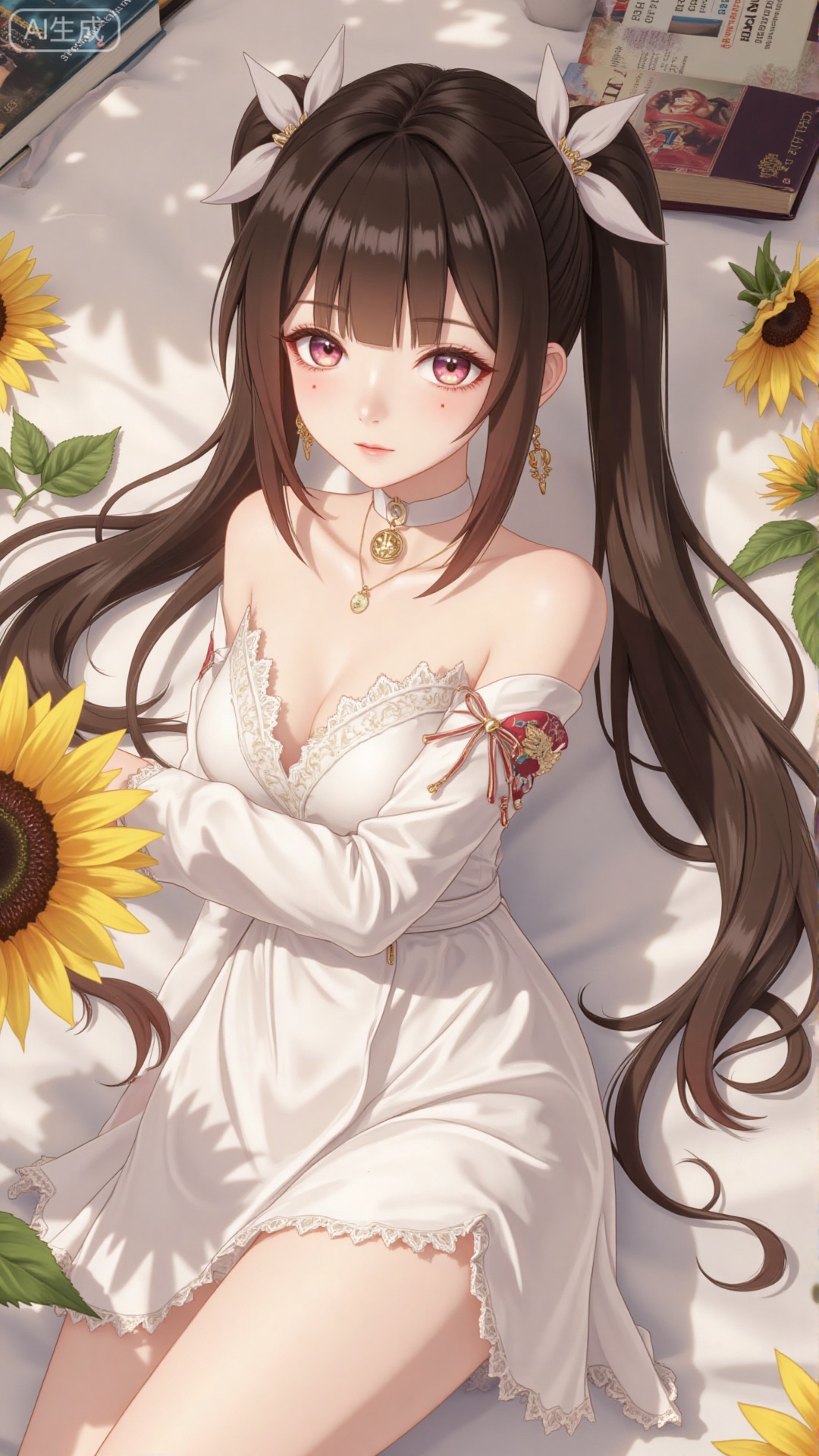1girl, solo, long hair, brown hair, long sleeves, dress, ribbon, bare shoulders, jewelry, flower, earrings, outdoors, lying, white dress, book, sunflower, ,Light, shadow ,Illustration, lightshadow,shadow,masterpiece,best quality,good quality,very aesthetic,A shot with tension,impactful picture,offcial art,movie perspective,masterpiece,facing the lens,best quality,very aesthetic,extremely delicate and beautiful,huge filesize,amazing quality,solo_focus,depth_of_field,sunlight,reflective,masterful details,intricate details, high contrast,natural skin texture,soft light,sharp,ultra-high resolution,32K UHD,