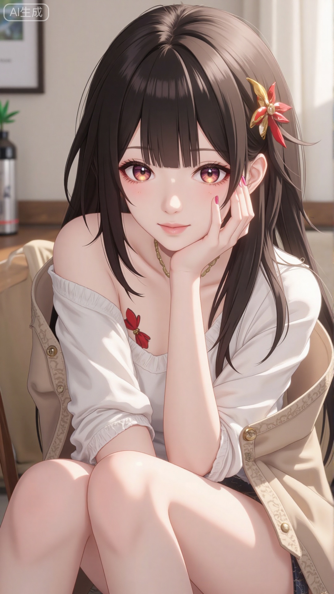 1girl, solo, long hair, looking at viewer, smile, sitting, collarbone, off shoulder, sweater, messy hair, realistic