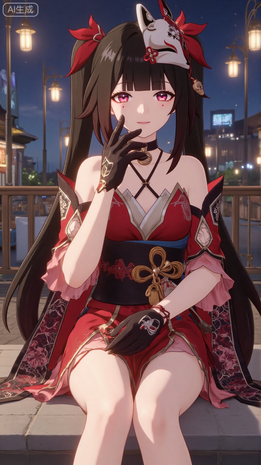 1girl, gloves, looking at viewer, long hair, twintails, bangs, hair ornament, fox mask, mask, brown hair, black gloves, bare shoulders, mischevious smile, perfect body, scenery, sharp focus, best quality, masterpiece, detailed outfit, illustration, perfect eyes, finely detailed beautiful anime eyes, realistic skin, intricate details, best lighting, depth of field, ultra high resolution,sitting