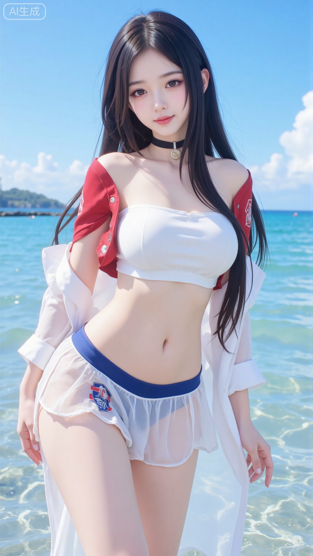 Korean girl, single, showing navel, long hair, thighs, wearing shirt, outdoors, looking at viewer, realistic style, with water and sky, daytime, fair thighs, white tube top, short top, sea, lips, blue sky, short sleeves, smile, clouds, dark eyes, big eyes Eyes, plump breasts, plump breasts, chest, looking at the audience, looking at the screen, bare shoulders, collarbone, standing in the sea, (((upper body red short-sleeved, short top)), (((wearing a translucent The white gauze skirt and blue swimming trunks with the school team logo)) were soaked in the water and were soaked.