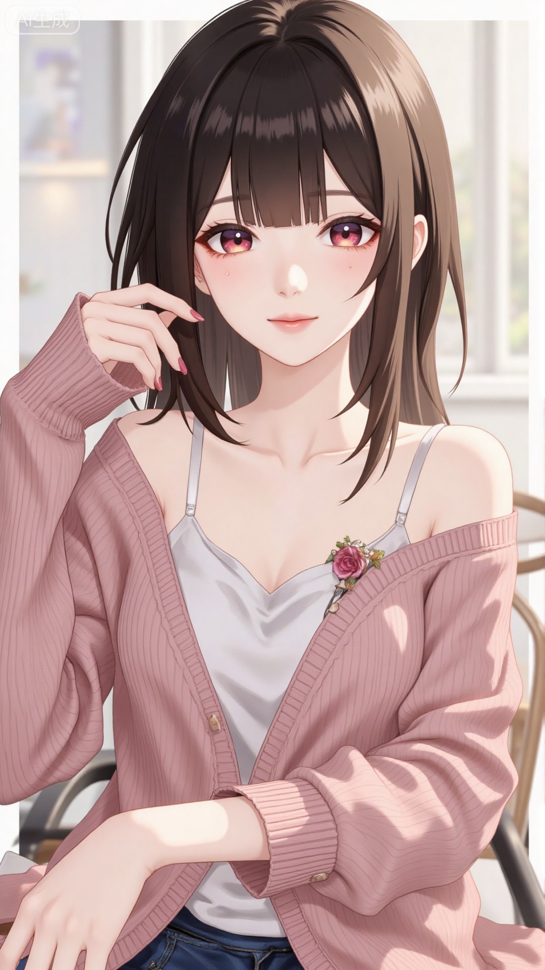1girl, solo, long hair, looking at viewer, smile, sitting, collarbone, off shoulder, sweater, messy hair, realistic