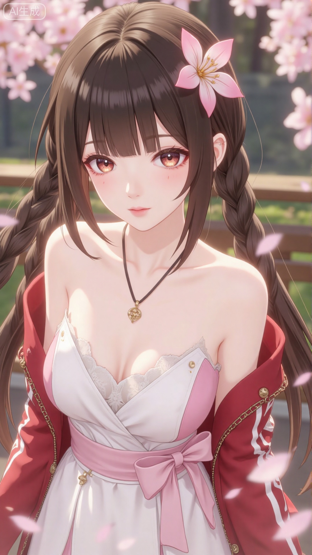 1girl,solo,jewelry,flower,hair flower,hair ornament,necklace,realistic,brown eyes,looking at viewer,dress,blurry background,twin braids,blurry,white dress,long hair,upper body,breasts,pink bow,red jacket,bare shoulders,lips,collarbone,outdoors,cleavage,large natural breast,soft breasts,huge Breasts