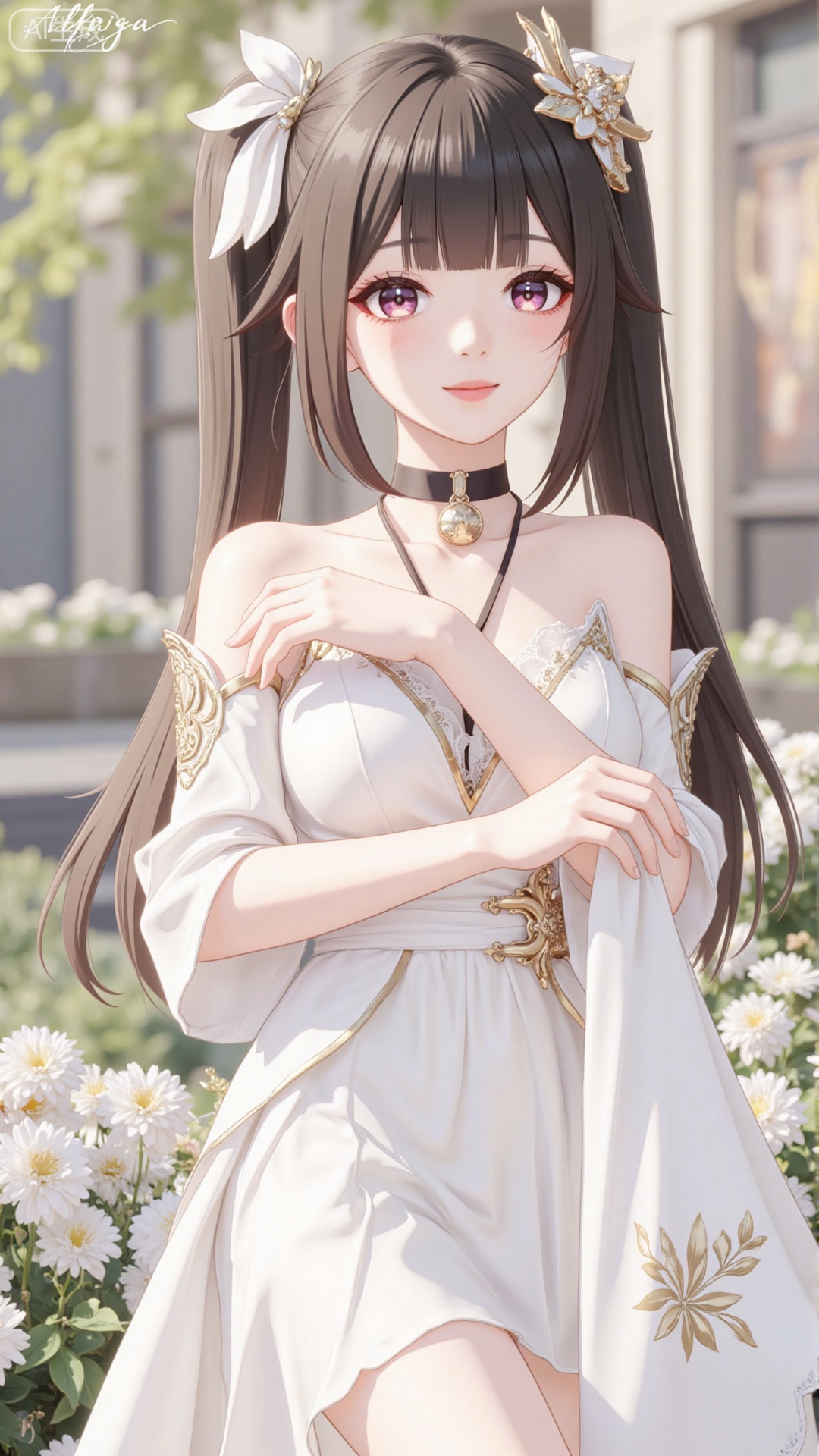 1girl, white wedding dress,looking at viewer, mischevious smile, perfect body, scenery, sharp focus, best quality, masterpiece, detailed outfit, illustration, perfect eyes, finely detailed beautiful anime eyes, realistic skin, intricate details, best lighting, depth of field, ultra high resolution, cowboy_shot, bride