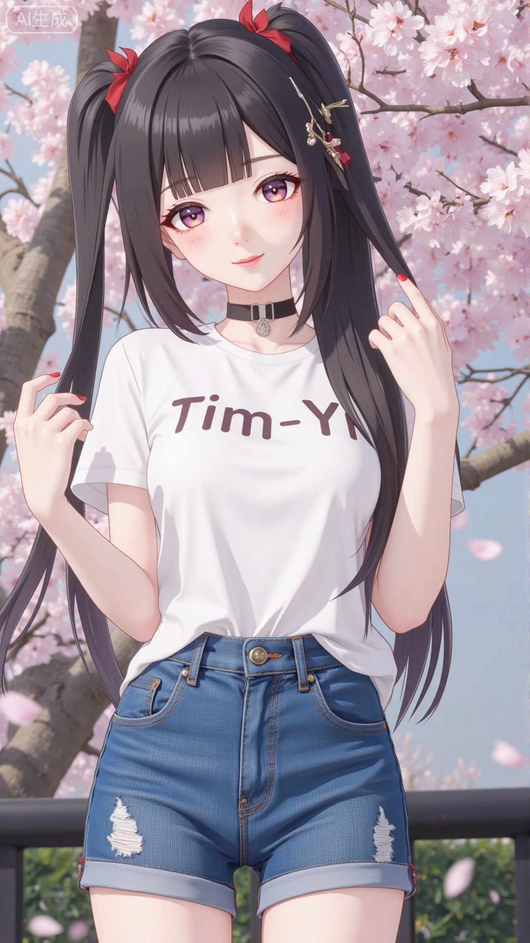 White t-shirt with ”Tim_Yi“ written on it, jeans shorts,1girl