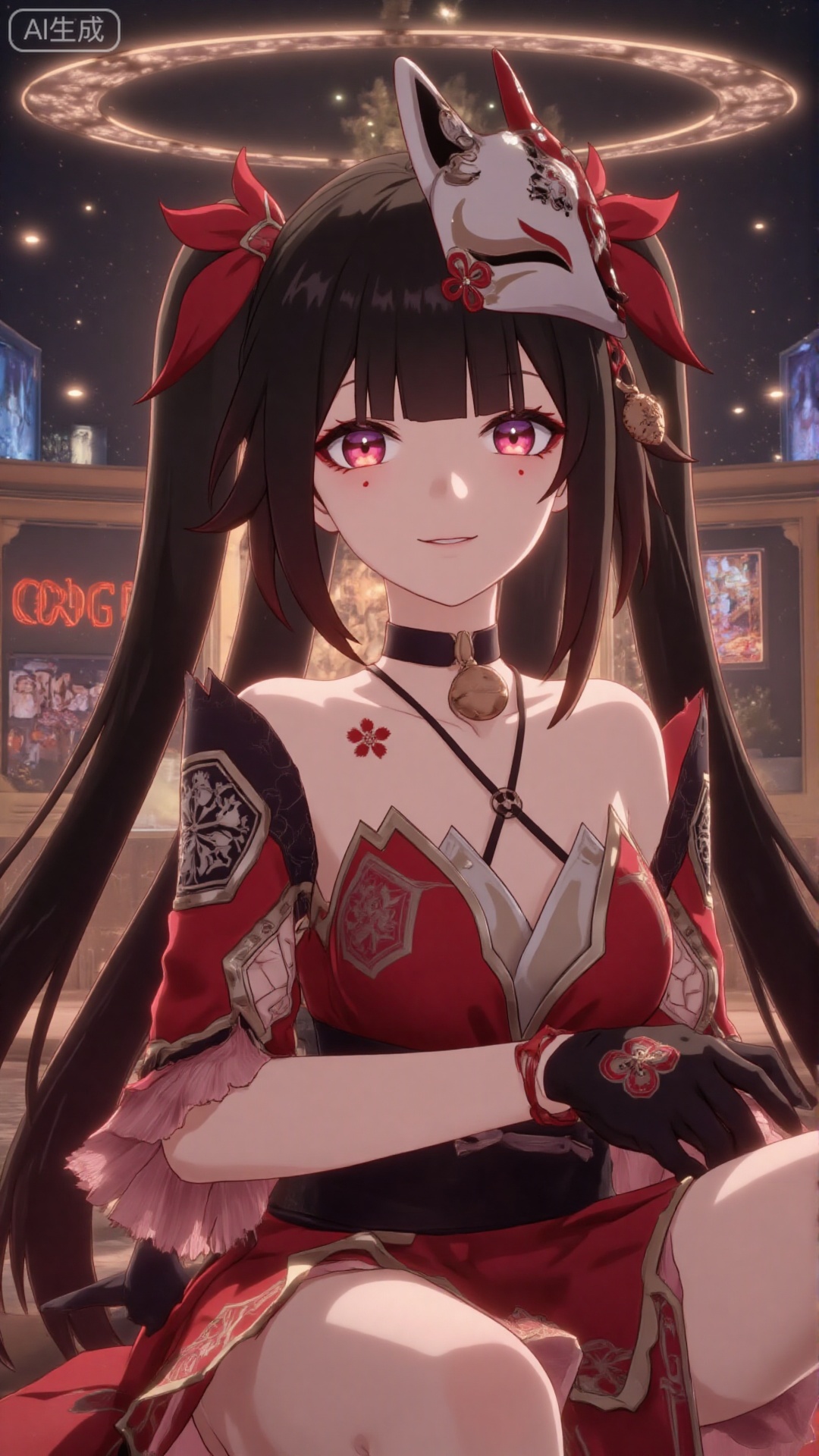 1girl, gloves, looking at viewer, long hair, twintails, bangs, hair ornament, fox mask, mask, brown hair, black gloves, bare shoulders, mischevious smile, perfect body, scenery, sharp focus, best quality, masterpiece, detailed outfit, illustration, perfect eyes, finely detailed beautiful anime eyes, realistic skin, intricate details, best lighting, depth of field, ultra high resolution,cowboy_shot