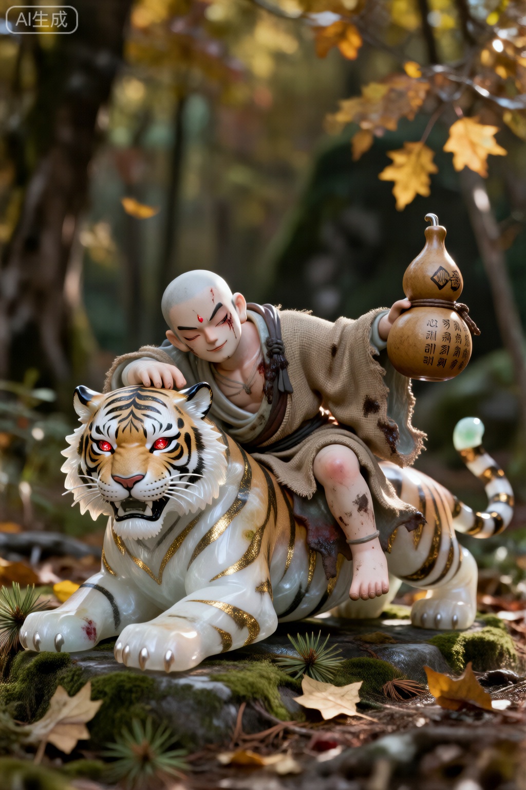 超现实主义手办设计,伏虎罗汉侧卧于猛虎背上,虎身由白玉雕琢,虎纹为金丝镶嵌,虎眼为发光红宝石。罗汉身着粗麻僧袍,僧袍沾满酒渍与泥土,右手持酒葫芦,葫芦表面刻有《心经》,左手轻抚虎耳,姿态慵懒。面部为陶瓷质感,鼻梁处有一道旧疤,嘴角挂着一丝戏谑微笑。背景为秋日山林,落叶为半透明黄铜片,地面覆盖青苔与松针,采用自然光模拟午后斜阳,光影在僧袍上投下斑驳树影,整体风格闲适而野性。。