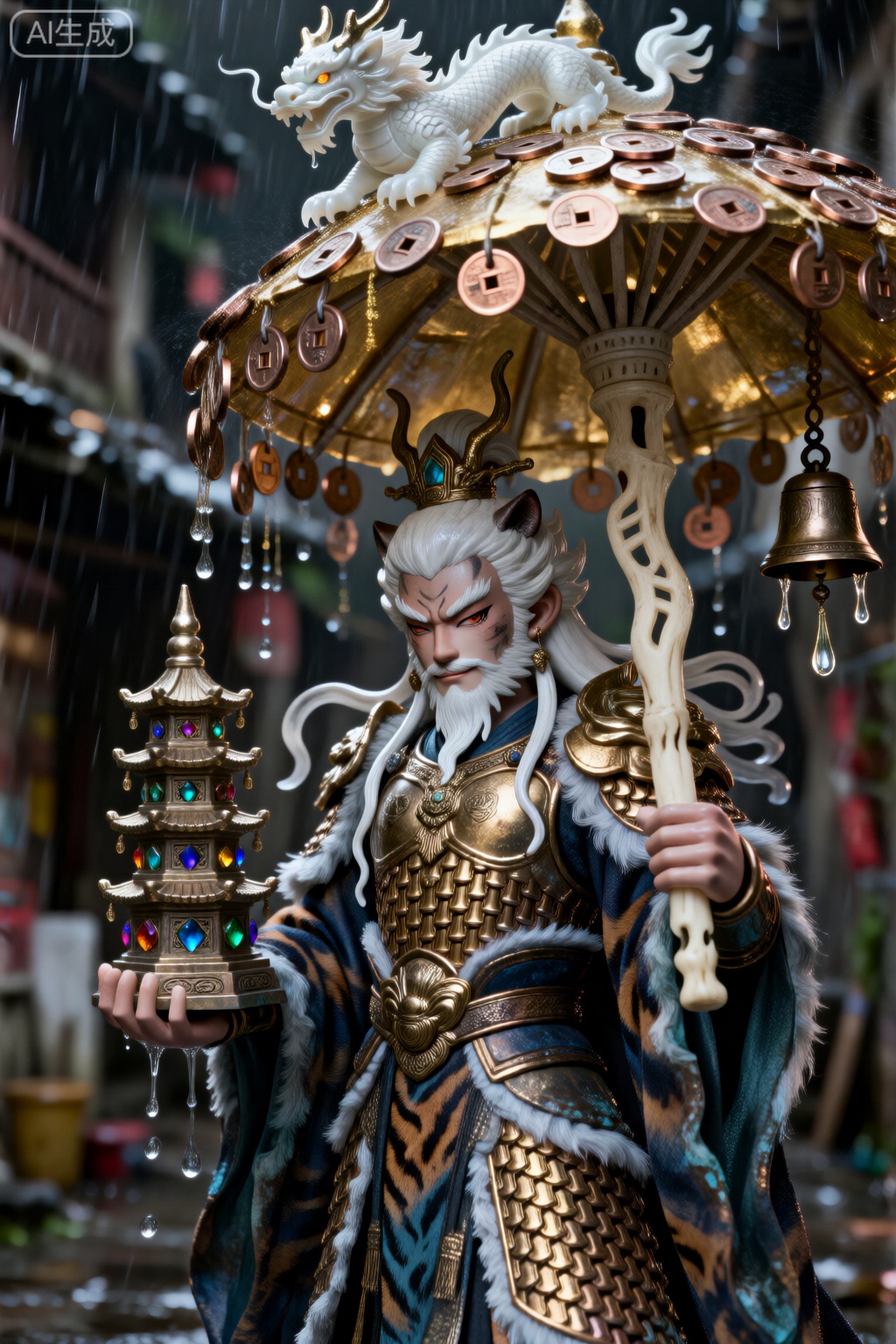 超现实主义手办设计,多闻天王立于金色宝伞之下,伞面由无数铜钱编织而成,铜钱缝隙透出金光,伞骨为象牙雕琢的卍字纹。身披黄金锁子甲,甲片边缘泛着冷蓝色氧化痕迹,内衬深蓝色虎皮战袍,战袍毛发根根分明,随风倒卷。左手持宝塔,塔身镶嵌七彩宝石,塔顶盘踞一条白玉龙。面部为青铜器质感,眉眼低垂,嘴角含笑,右耳悬挂一枚铜铃,铃舌为液态水银。背景为暴雨中的贫民窟,雨水在铠甲上溅起水花,采用电影级照明突出金属反光与织物湿感,整体风格庄严而悲悯