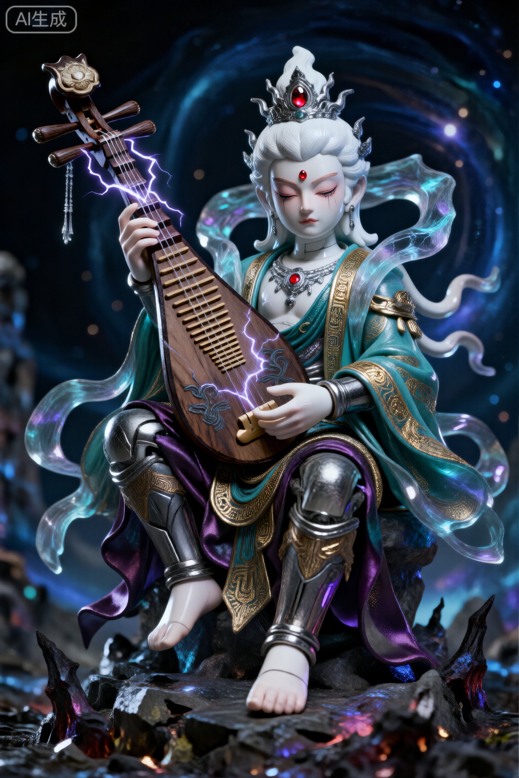 超现实主义手办设计,持国天王盘坐于虚空,身披青金色梵文刺绣袈裟,袈裟边缘泛着半透明冰裂纹釉光,内衬暗紫色绸缎,动态褶皱如波涛翻涌。手持四弦琵琶,琴身由千年雷击木雕琢,琴弦为发光银丝,拨动时迸发紫色闪电纹路。面部为冷白瓷质感,眉心镶嵌红宝石,双目微阖,嘴角含悲悯之相。脚下悬浮破碎的魔界岩石,背景为深蓝色星云漩涡,采用虚幻引擎5的Lumen全局光照,侧光勾勒出铠甲上的鎏金纹路,整体风格融合敦煌飞天与赛博朋克,8K分辨率,PBR材质呈现肌肤毛孔与织物纤维的微观细节