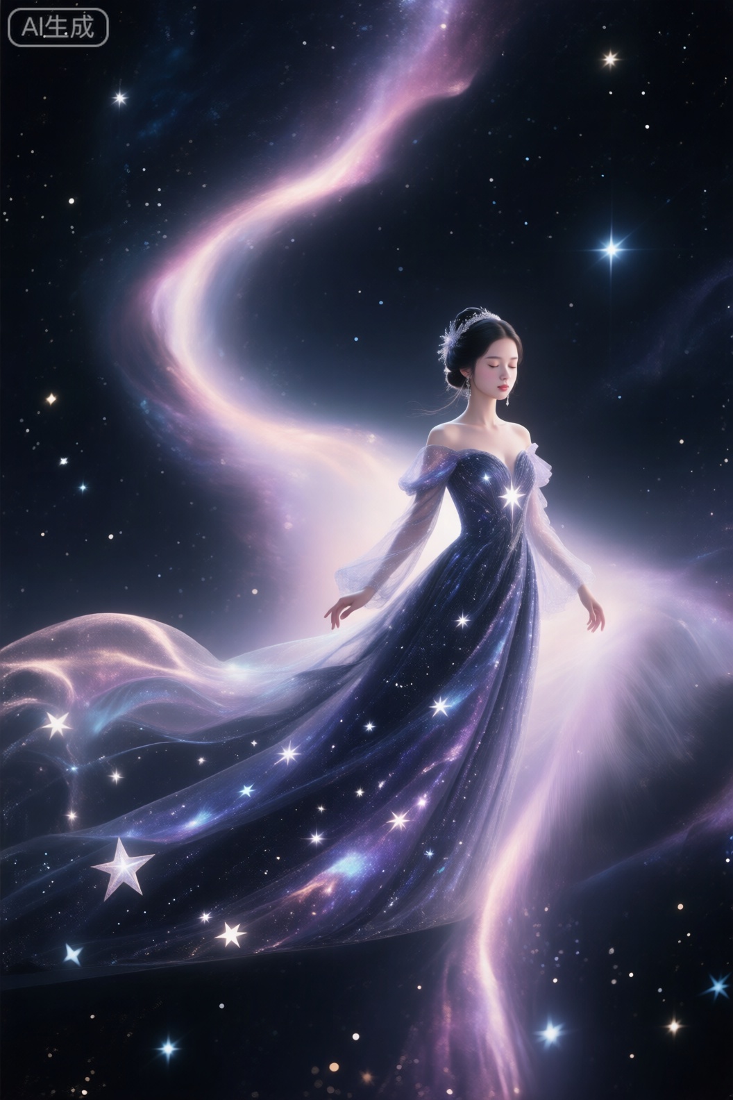 1girl, solo, black hair, hair ornament, dress, bare shoulders, jewelry, standing, closed eyes, earrings, hair bun, see-through, sparkle, blue dress, single hair bun, star \(sky\), stairs, long dress