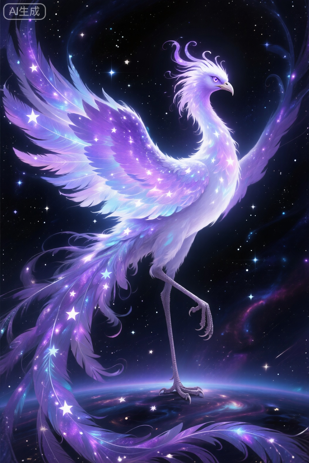solo, purple eyes, full body, wings, from side, no humans, glowing, bird, feathers, star \(sky\), feathered wings, starry sky, space, animal focus, talons, galaxy