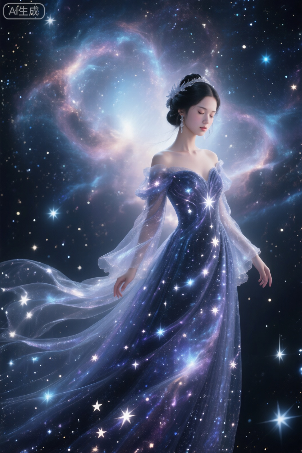 1girl, solo, black hair, hair ornament, dress, bare shoulders, jewelry, standing, closed eyes, earrings, hair bun, see-through, sparkle, blue dress, single hair bun, star \(sky\), stairs, long dress