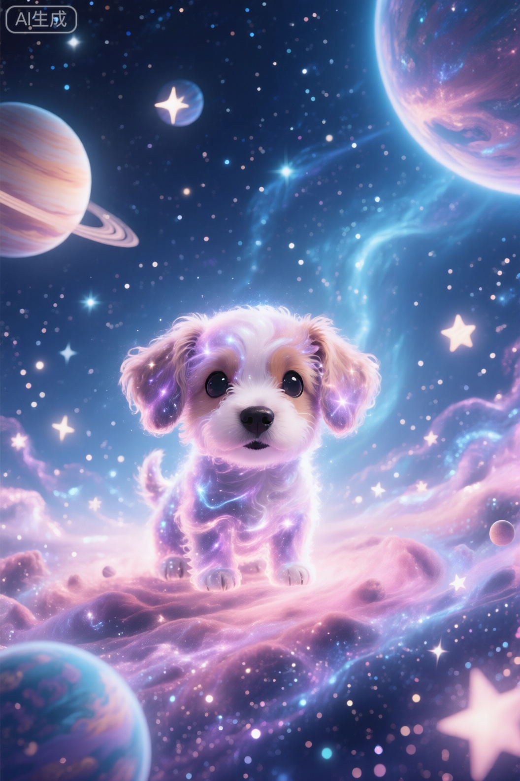 solo, looking at viewer, black eyes, no humans, sparkle, animal, moon, star \(sky\), dog, space, animal focus, planet, earth \(planet\)