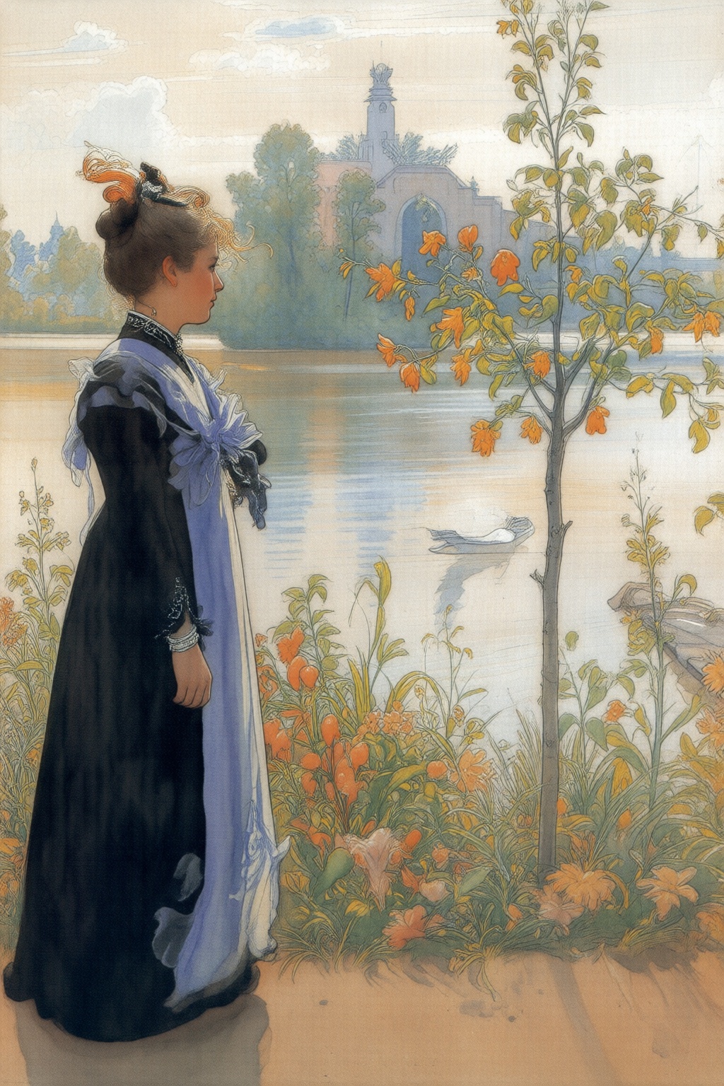 carllarsson2q painting. A serene lakeside setting with a woman standing on the left side of the image. She is dressed in a...