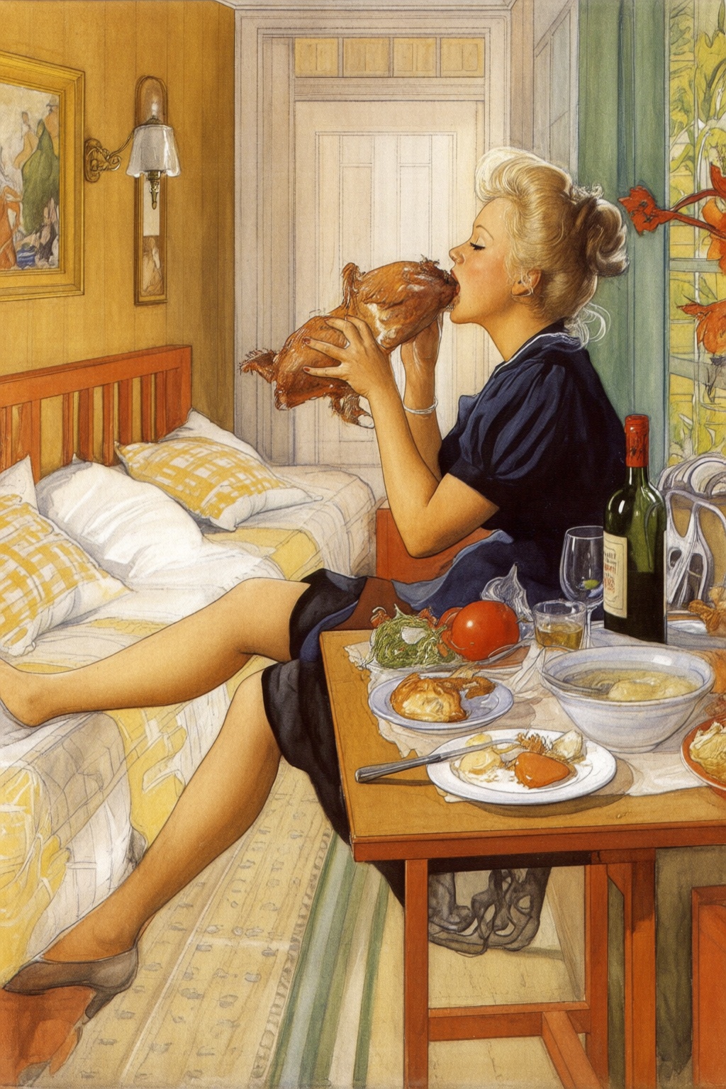 carllarsson2q painting. A woman,  shown in side profile,  enjoying a large piece of roasted chicken while seated on a bed....