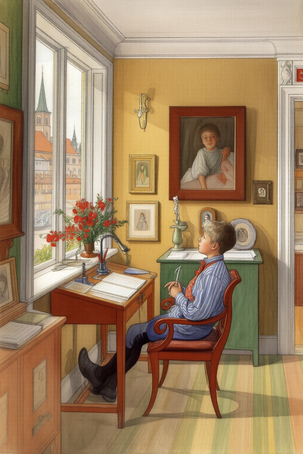 carllarsson2q painting. A serene,  cozy study room with a young boy. The room is bathed in soft,  natural light streaming...