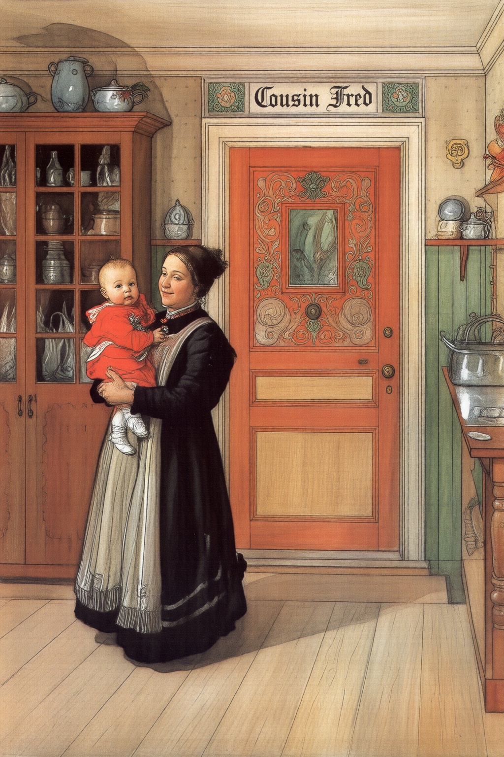 carllarsson2q painting. A scene set in a quaint,  rustic kitchen. The artwork captures a woman holding a baby,  standing n...