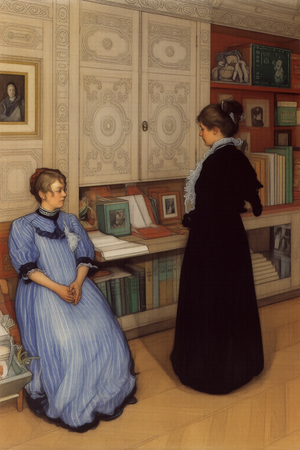 carllarsson2q painting. Two women in a room filled with ornate,  intricately carved wooden bookshelves. The woman on the l...