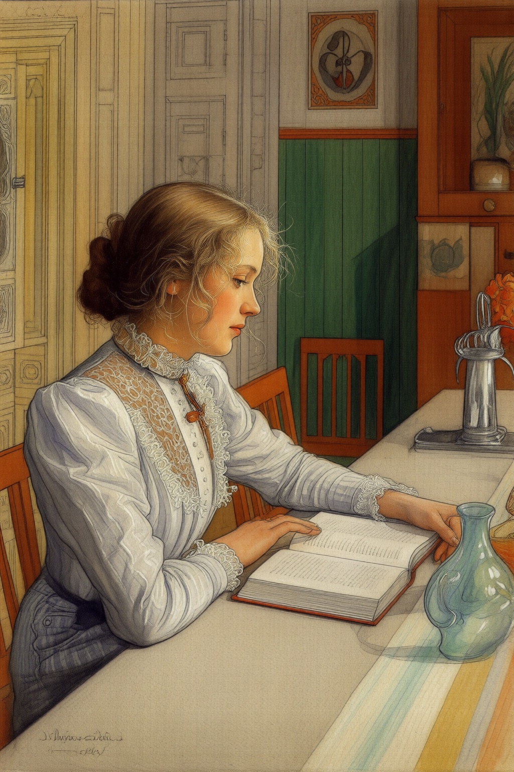 carllarsson2q painting. A young woman sitting at a table,  reading a book. The woman,  with light brown hair styled in a l...