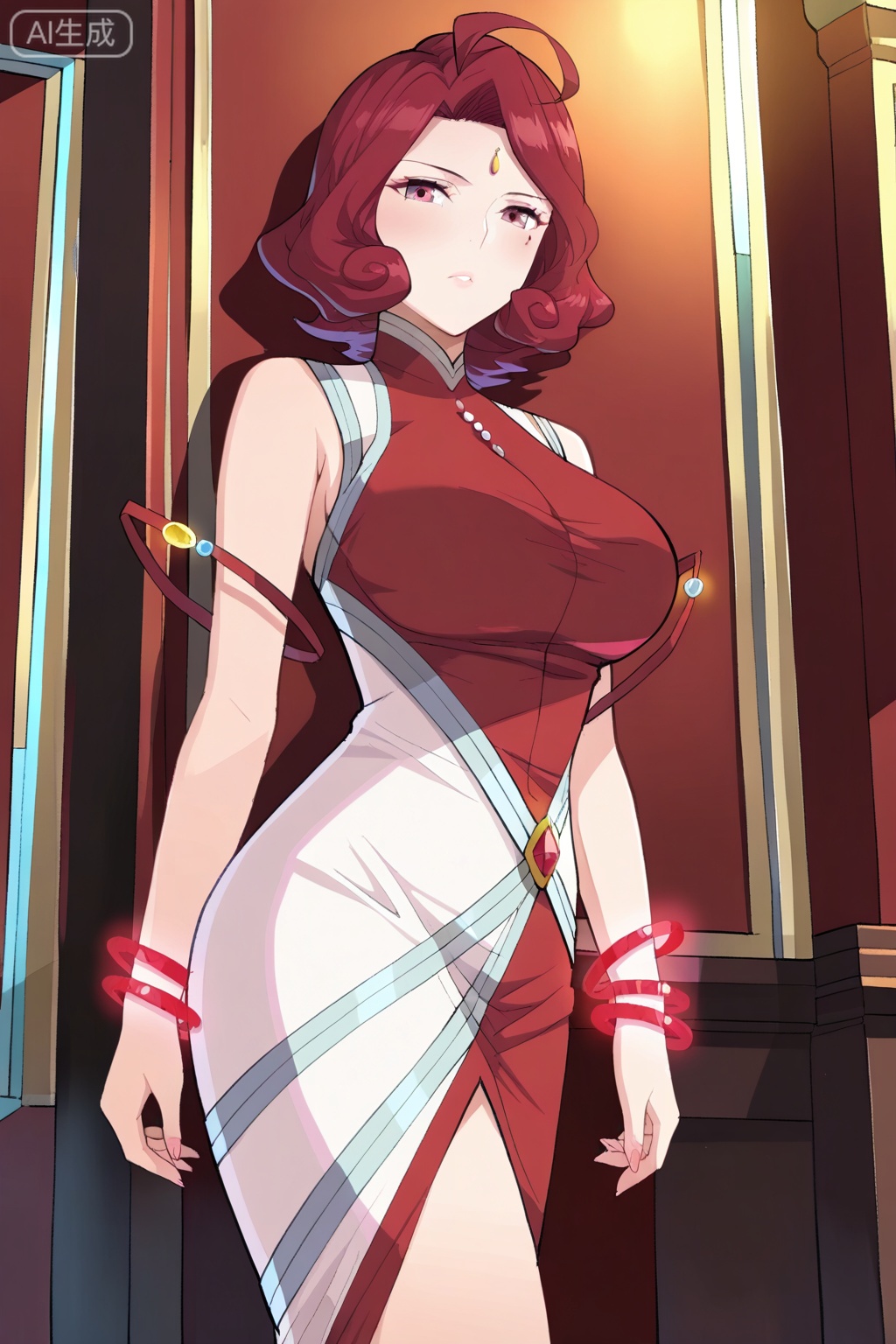 best quality,amazing quality,1girl, solo, mature female, red hair, short hair, wavy hair, curled hair, ahoge, red eyes, mark under eyered and white dress, high slit dress, sleeveless, gemstone accessory,  elegant dress, 



 futuristic jewelry, glowing bracelets, asymmetrical skirt,玄衣,