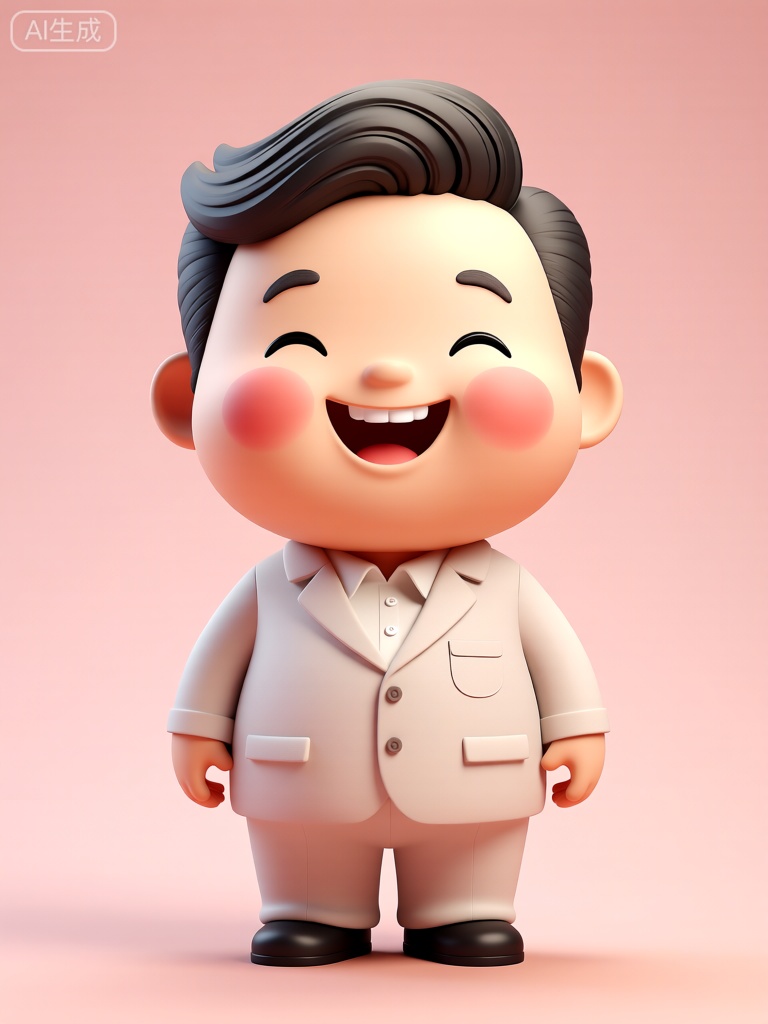 C4D

The image features a 3D-rendered character with a rounded

cartoonish design. The character has a large

round face with a wide

cheerful smile

revealing a row of small

white teeth. The cheeks are rosy pink

adding to the friendly expression. The hair is black

styled in a neat

slightly wavy manner with a part in the middle. The character is dressed in a light beige or off-white suit with a collared shirt underneath. The suit jacket has two buttons and a small pocket on the left side of the chest. The pants match the jacket

and the character is wearing black shoes. The background is a soft

gradient pink

which complements the character's warm and inviting appearance. The overall style is cute and approachable

with smooth

rounded edges and a simplified

stylized design.

