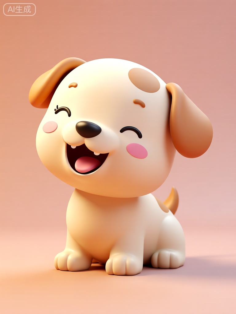 C4D

The image features a stylized

cartoon-like puppy with a round

cream-colored body and a smooth

slightly glossy texture. The puppy has a large

expressive head with a small

rounded snout and a black

shiny nose. Its mouth is open in a wide

cheerful smile

revealing a pink tongue and two small

white teeth. One of its eyes is closed in a playful wink

while the other eye is open

both with simple

black

dot-like pupils. The puppy has two small

pink

circular cheeks

adding to its cute appearance. Its ears are large

floppy

and light brown

with the left ear slightly tilted forward. There is a light brown spot on its back

near the top of its head. The puppy's body is plump and rounded

with short

stubby legs that end in small

rounded paws. A small

light brown tail is visible

sticking up slightly from its rear. The background is a soft

gradient of warm peach and light pink tones

creating a gentle and cozy atmosphere. The overall lighting is soft and diffused

casting subtle shadows beneath the puppy

enhancing its three-dimensional appearance. The image exudes a sense of warmth

playfulness

and friendliness.

