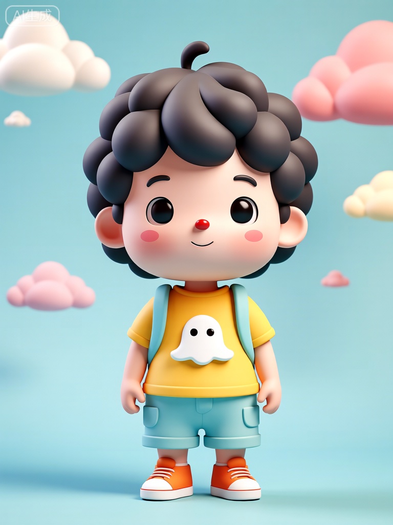 C4D

The image features a chibi-style character with a round face

large black eyes

and a small red nose. The character has short

curly black hair with a small tuft sticking up at the top. There are two small pink blush marks on the cheeks and a faint smile on the lips. The character is wearing a yellow T-shirt with a white ghost-like design on the front

light blue shorts with small pockets

and orange sneakers with white soles. Over the shoulders

there are light blue straps

possibly indicating a backpack. The background is a light blue sky with several fluffy clouds in various pastel colors

including white and pink. The overall style is cute and cartoonish

with smooth

rounded features and soft colors.

