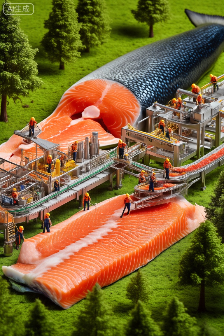 factory,There are two salmon on the grassland of the forest, several huge salmonWhen cut open, there is a micro salmon meat production factoryWorkers are busy on the production line, and the salmon meat produced is transported from the production line to the convenience store for saleThe production line connects several salmonfactory.,微缩场景