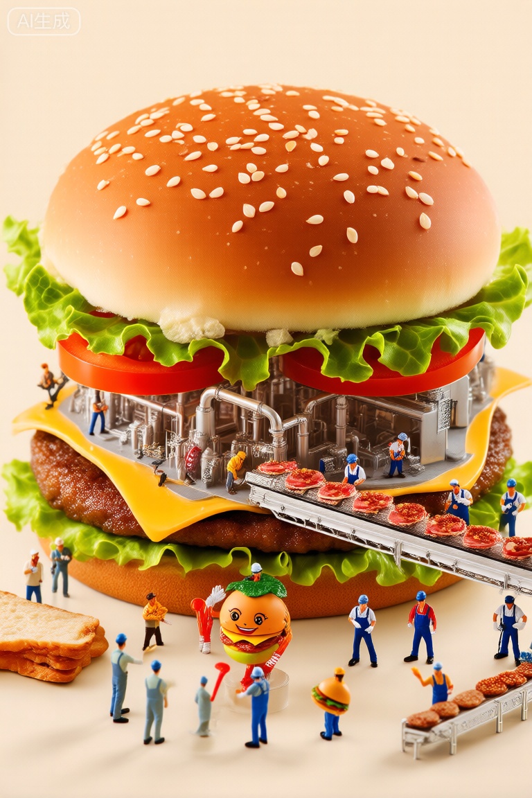 Miniature photography,Build a surreal and digital image in a 3D miniature landscape style. The core of the screen is a huge hamburger, with sesame seeds sprinkled on the surface, plump and clear grains, and a natural color. Fresh and tender lettuce leaves are lush green with delicate veins and textures; Tomato slices are round, with a full and glossy red color; Cheese is semi melted, slightly yellowed, and its delicate texture can be seen.When the burger was sliced open, there was a miniature factory hidden inside. The factory is fully equipped with various pipelines and mechanical parts with rich details, and a conveyor belt extends from the factory. Workers wearing neat work clothes and white gloves stand by the conveyor belt, focused on assembling hamburgers. Their expressions and movements are intricately depicted, showing a serious work ethic. Strangely, there are no workers on the conveyor belt, but various ingredients for assembling hamburgers are placed, such as bread slices, meat patties, etc. The texture and color of the ingredients are realistic.In the foreground of the picture, there is a statue of a small hamburger character, with a unique and interesting design and colorful display. These statues have rich expressions and various postures, some making cheering movements, while others seem to be carrying food, adding more vitality and fun to the picture. The entire scene is colorful, with elements complementing each other, creating a surreal world full of fantasy colors and rich details.,微缩场景