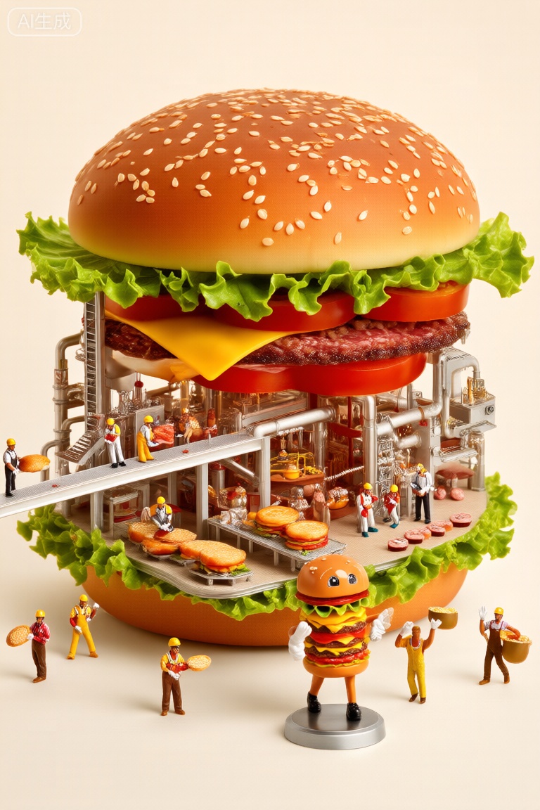 Miniature photography,Build a surreal and digital image in a 3D miniature landscape style. The core of the screen is a huge hamburger, with sesame seeds sprinkled on the surface, plump and clear grains, and a natural color. Fresh and tender lettuce leaves are lush green with delicate veins and textures; Tomato slices are round, with a full and glossy red color; Cheese is semi melted, slightly yellowed, and its delicate texture can be seen.When the burger was sliced open, there was a miniature factory hidden inside. The factory is fully equipped with various pipelines and mechanical parts with rich details, and a conveyor belt extends from the factory. Workers wearing neat work clothes and white gloves stand by the conveyor belt, focused on assembling hamburgers. Their expressions and movements are intricately depicted, showing a serious work ethic. Strangely, there are no workers on the conveyor belt, but various ingredients for assembling hamburgers are placed, such as bread slices, meat patties, etc. The texture and color of the ingredients are realistic.In the foreground of the picture, there is a statue of a small hamburger character, with a unique and interesting design and colorful display. These statues have rich expressions and various postures, some making cheering movements, while others seem to be carrying food, adding more vitality and fun to the picture. The entire scene is colorful, with elements complementing each other, creating a surreal world full of fantasy colors and rich details.,微缩场景