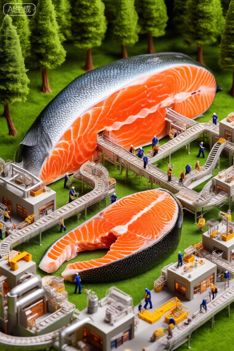 factory,There are two salmon on the grassland of the forest, several huge salmonWhen cut open, there is a micro salmon meat production factoryWorkers are busy on the production line, and the salmon meat produced is transported from the production line to the convenience store for saleThe production line connects several salmonfactory.,微缩场景
