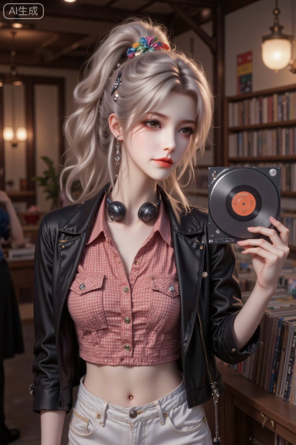 "Super realistic and vibrant vintage record store half-body portrait, close-up framing from mid-chest to top of head, a girl in retro pop clothes, with blonde curly hair (high ponytail with colorful scrunchie, bangs swept to one side, curls bouncing with movement). Wearing a red and white checkered short-sleeve shirt (cropped with front pocket, buttons done up to chest), a black leather jacket (oversized with zippers, sleeves pushed up to elbows), the shirt fabric stretching slightly over the chest, jacket collar turned up.​
Her makeup is bright and energetic, fitting the lively music atmosphere. Dewy base with dewy finish, eyelids in orange eyeshadow with gold glitter; thick lashes with black mascara; eyebrows in light brown, bold and defined. Cheeks with coral blush, lips in cherry red lipstick—creamy and vivid.​
Hairstyle: Curls are tight and voluminous, ponytail high on the head bouncing when moving, scrunchie with colorful patterns adding a playful touch, bangs fluttering slightly with head movements, overall lively and retro, matching the vintage record covers around.​
Top: Checkered shirt + black leather jacket, checkered pattern clear and vibrant in close-up, leather jacket adding a cool edge, cropped shirt revealing a small part of the waist, contrasting colors making the image lively, matching the colorful record sleeves in the background.​
Accessories: Silver hoop earrings (swinging when moving), a vintage record (held in right hand, cover facing outward), a pair of headphones (around neck, cord hanging loosely), a small camera (in left hand, held up to take a photo of the record).​
She stands in front of a record shelf, right hand holding the record up to chest level, left hand raising the camera. Smiling brightly at the record cover, body slightly turned sideways, head tilted to one side. Close-up composition highlights the vivid smile and the retro record in hand. Background: Blurred rows of records, vintage record players. Fragrance of old vinyl and wood fills the air. Sounds of soft rock music, record players spinning, and chatting with the shop owner. Warm light from ceiling lamps shines on her hair and the record, creating a lively and nostalgic atmosphere, a sunny autumn morning atmosphere.​"

