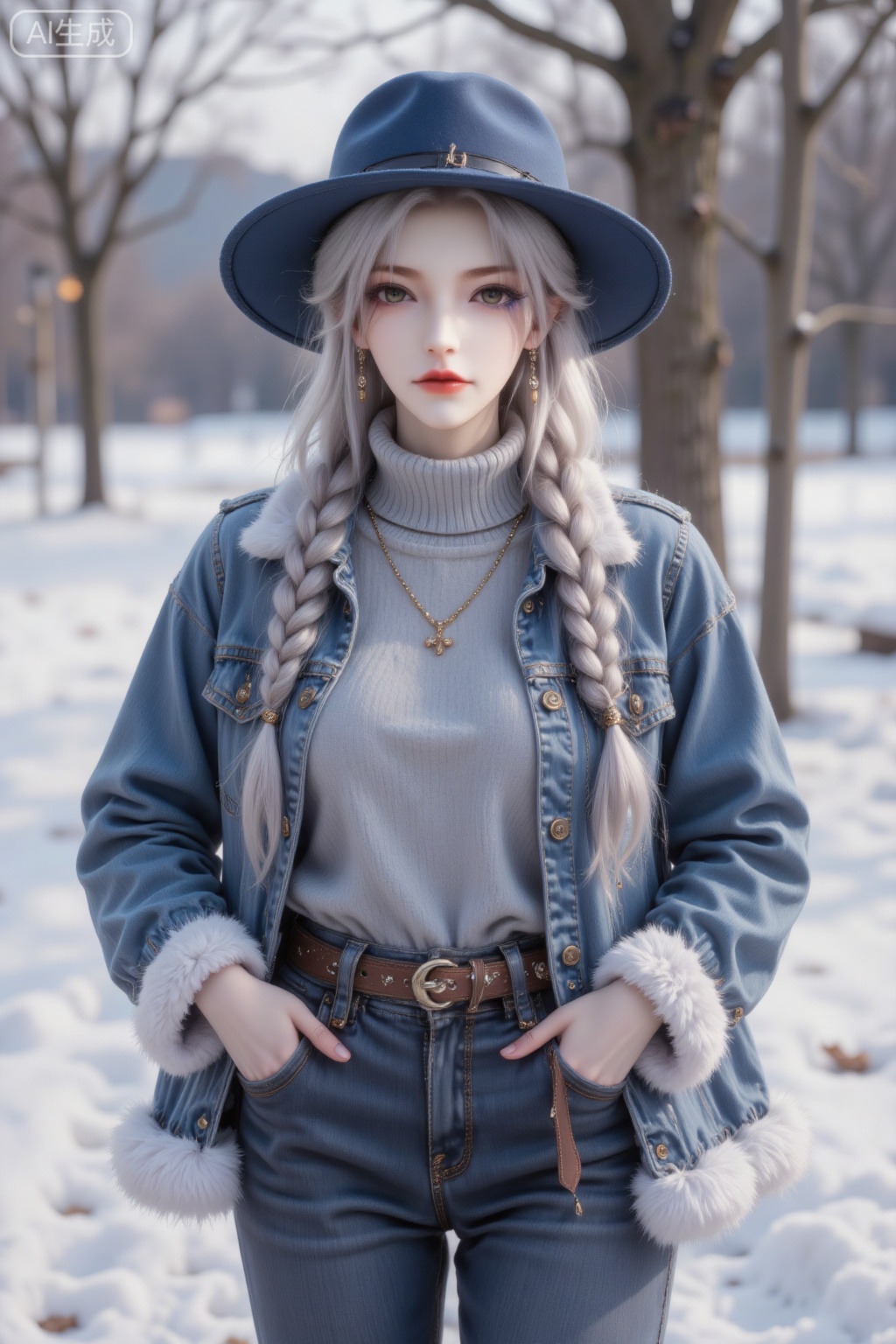 1girl, long hair, looking at viewer, blue eyes, long sleeves, hat, jewelry, standing, jacket, braid, white hair, cowboy shot, earrings, outdoors, parted lips, open clothes, solo focus, day, belt, pants, necklace, mole, blurry, twin braids, sweater, open jacket, lips, fur trim, makeup, depth of field, blurry background, turtleneck, piercing, denim, blue jacket, ear piercing, snow, blue headwear, hand in pocket, turtleneck sweater, beanie, red lips, overalls, winter