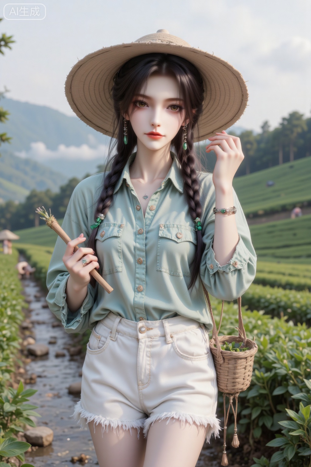 "The girl in the picture is like a sprig of fresh tea leaves in spring, exuding a clean and refreshing aura. Her long hair, a glossy black with subtle blue undertones, is braided into two loose 麻花辫(plaits) that hang over her shoulders, each braid decorated with small green bead accessories that jingle softly as she moves. A wide-brimmed bamboo hat sits on her head, its woven texture allowing dappled sunlight to filter through onto her hair, and a green ribbon ties under her chin, fluttering gently in the mountain breeze.​
Her makeup is minimal and fresh, as if blended with morning dew. A light layer of tinted moisturizer evens her skin tone, with a touch of mint-green eyeshadow on her lids that mimics the color of young tea leaves; her lashes are left natural, looking long and wispy. A hint of peach blush brings a healthy glow to her cheeks, while her lips are coated with a sheer green tea-flavored lip gloss, looking moist and tender.​
She’s wearing a loose-fitting linen shirt in light green, its long sleeves rolled up to her forearms to reveal a small silver bracelet shaped like a tea leaf. The shirt is tucked into high-waisted white cotton pants, which are cuffed at the ankles to show her feet in simple canvas shoes. A small wicker basket hangs from her arm, filled with freshly picked tea leaves, and she carries a bamboo tea pick in her other hand.​
She stands between rows of neatly trimmed tea bushes, one hand gently plucking new tea shoots, the other holding the edge of her hat to shield her eyes from the sun. Her body is slightly bent forward, her head tilted down with a focused yet relaxed expression, enjoying the peaceful moment. The background is a lush tea plantation stretching up the hillside: rows of green tea bushes create a rhythmic pattern, with terracotta paths winding between them. In the distance, mist curls around the mountain peaks, and a small stream flows through the valley, its sound mixing with the rustle of leaves. Farmers can be seen working in the distance, and the air is filled with the fres"
