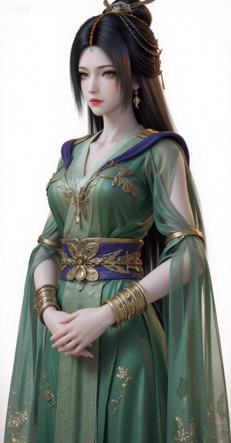 1girl, green dress, solo, dress, hair ornament, long hair,  bracelet, black hair, closed mouth, jewelry, sash, brown hair, clothing cutout,upper body,
liuyu,lvjing,pifu,guanghuapifu,
white_background,simple background,
