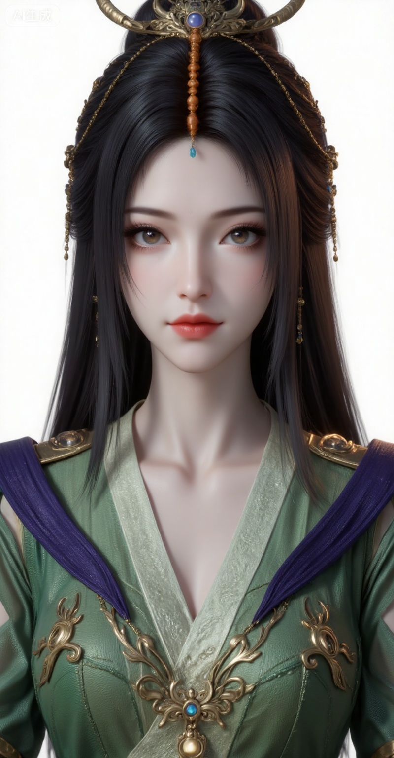 1girl, solo, upper body, long hair, hair ornament, green dress,brown hair, closed mouth, jewelry, earrings, looking at viewer,  dress, black hair, realistic,upper body,
liuyu,lvjing,pifu,guanghuapifu,
white_background,simple background,
