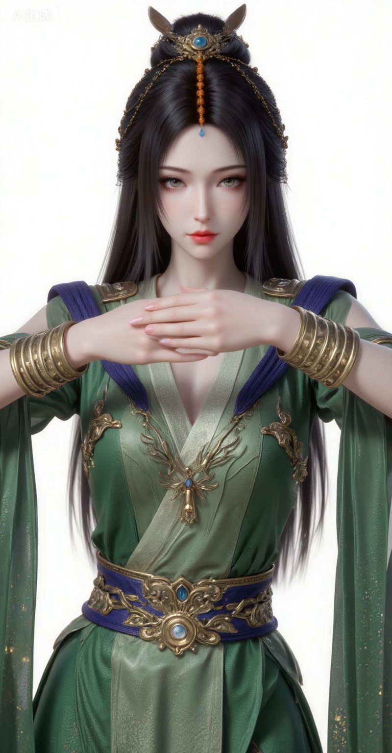 1girl, green dress, solo, dress, hair ornament, long hair,  bracelet, black hair, closed mouth, jewelry, sash, brown hair, clothing cutout,
liuyu,lvjing,pifu,guanghuapifu,
white_background,simple background,
