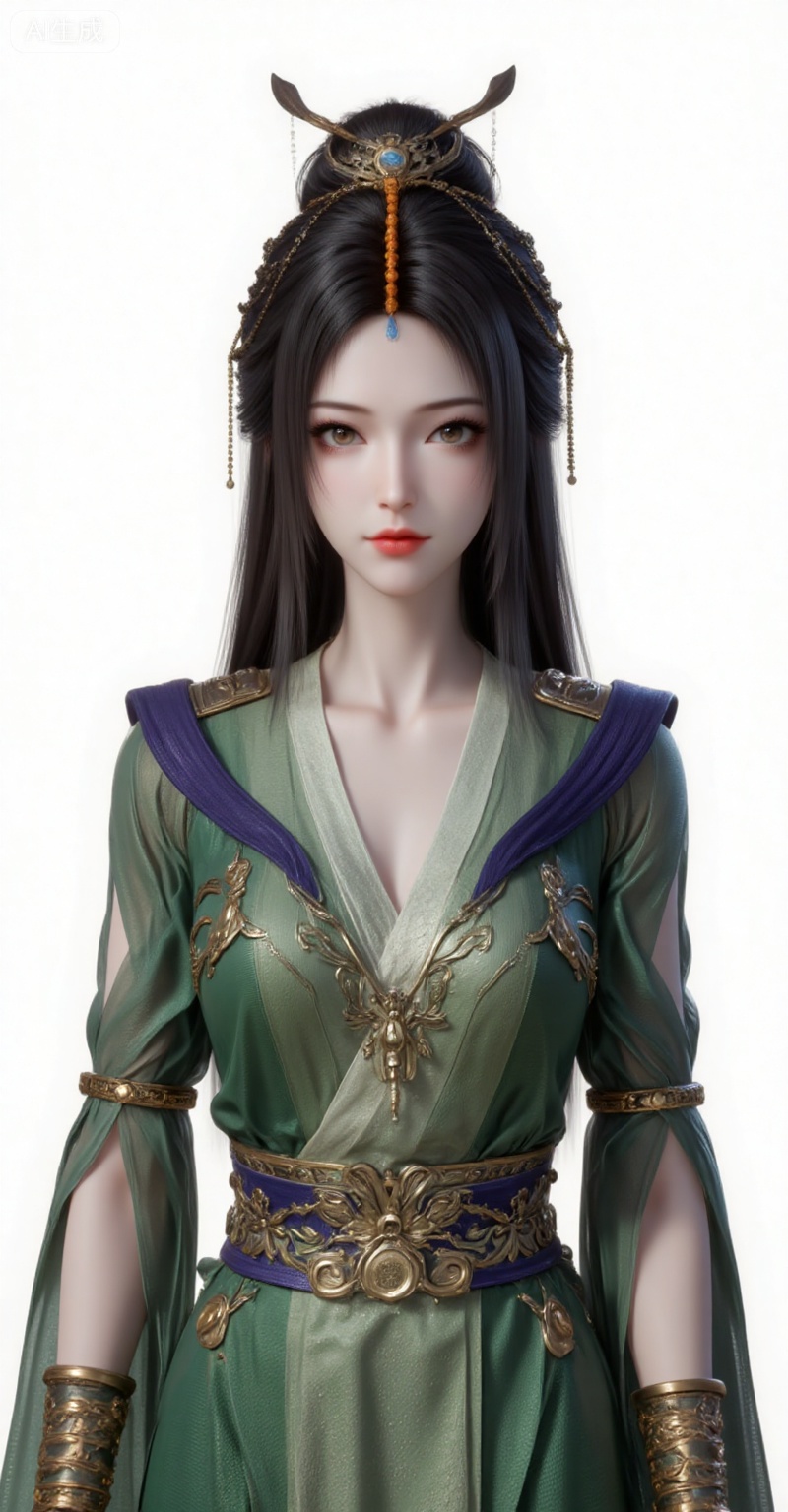 1girl, green dress, solo, dress, hair ornament, long hair,  bracelet, black hair, closed mouth, jewelry, sash, brown hair, clothing cutout,upper body,
liuyu,lvjing,pifu,guanghuapifu,
white_background,simple background,
