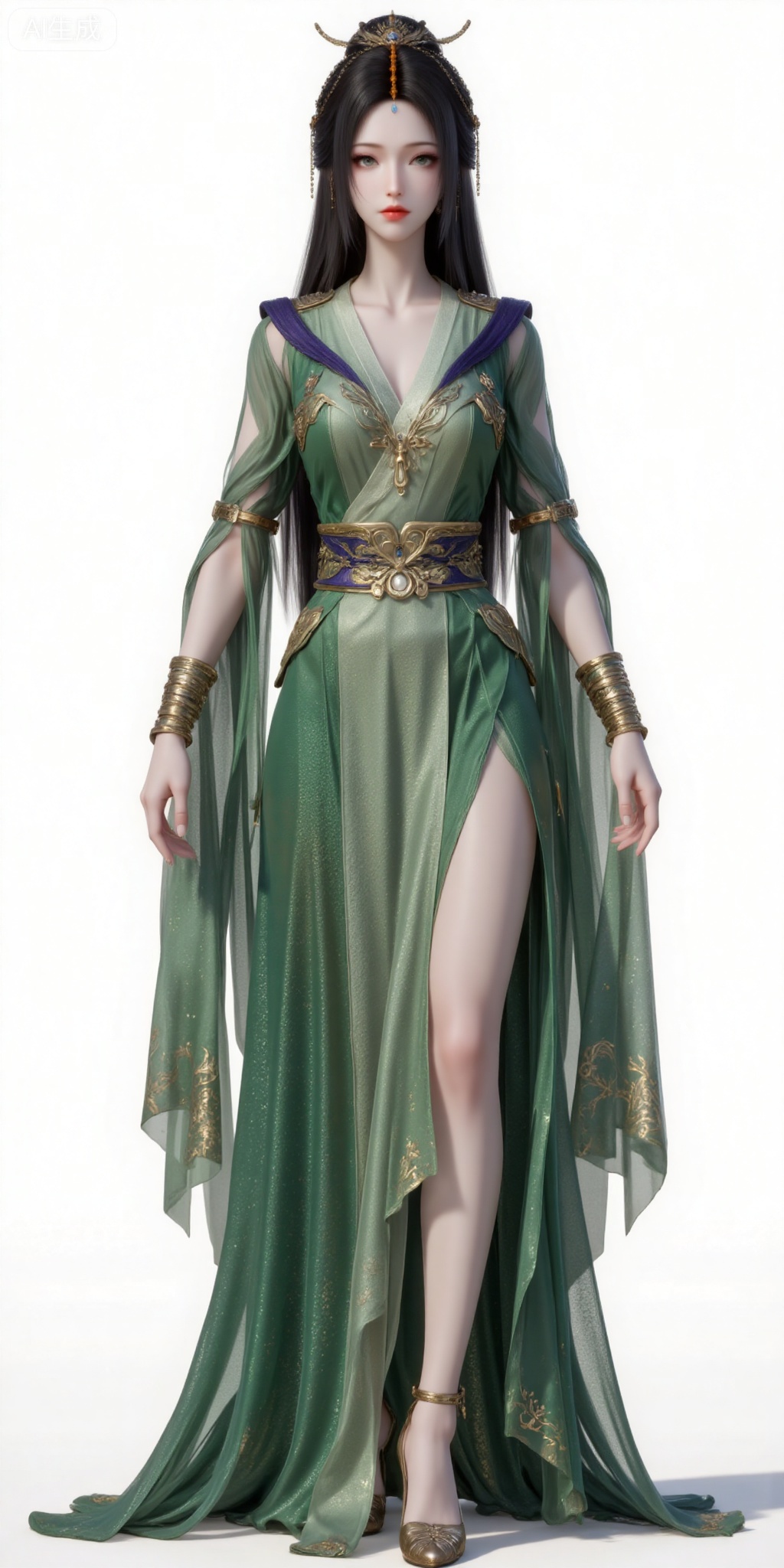 1girl, solo, upper body, long hair, hair ornament, green dress,brown hair, closed mouth, jewelry, earrings, looking at viewer,  dress, black hair, realistic,legs,long legs,high_heels,
liuyu,lvjing,pifu,guanghuapifu,
white_background,simple background,
