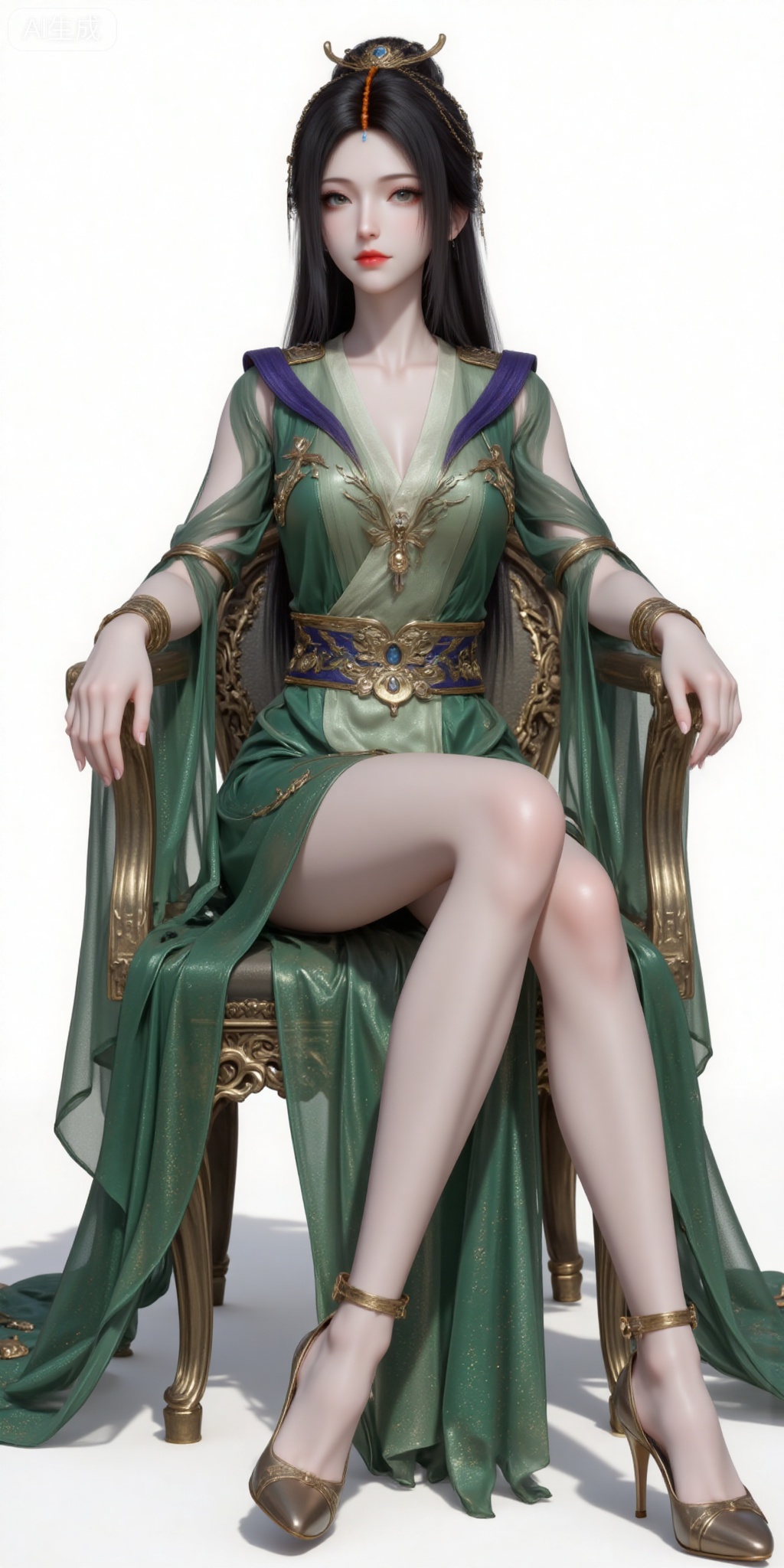 1girl, solo, upper body, long hair, hair ornament, green dress,brown hair, closed mouth, jewelry, earrings, looking at viewer,  dress, black hair, realistic,legs,long legs,high_heels,sitting,chair,
liuyu,lvjing,pifu,guanghuapifu,
white_background,simple background,
