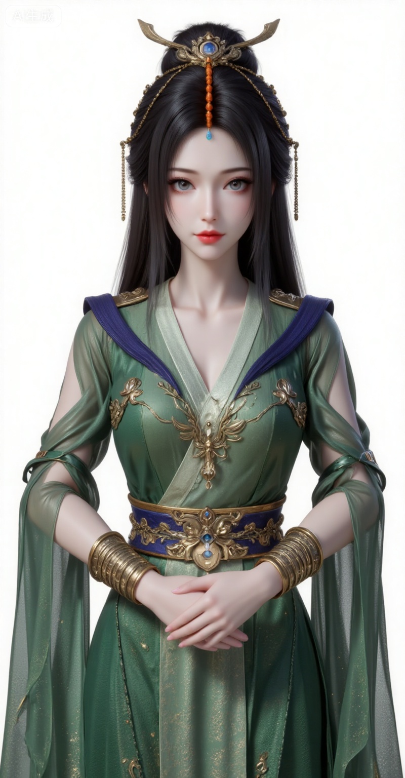1girl, green dress, solo, dress, hair ornament, long hair,  bracelet, black hair, closed mouth, jewelry, sash, brown hair, clothing cutout,
liuyu,lvjing,pifu,guanghuapifu,
white_background,simple background,
