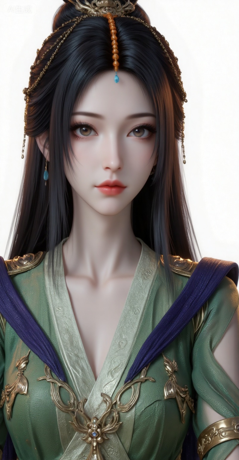 1girl, solo, upper body, long hair, hair ornament, green dress,brown hair, closed mouth, jewelry, earrings, looking at viewer,  dress, black hair, realistic,upper body,
liuyu,lvjing,pifu,guanghuapifu,
white_background,simple background,
