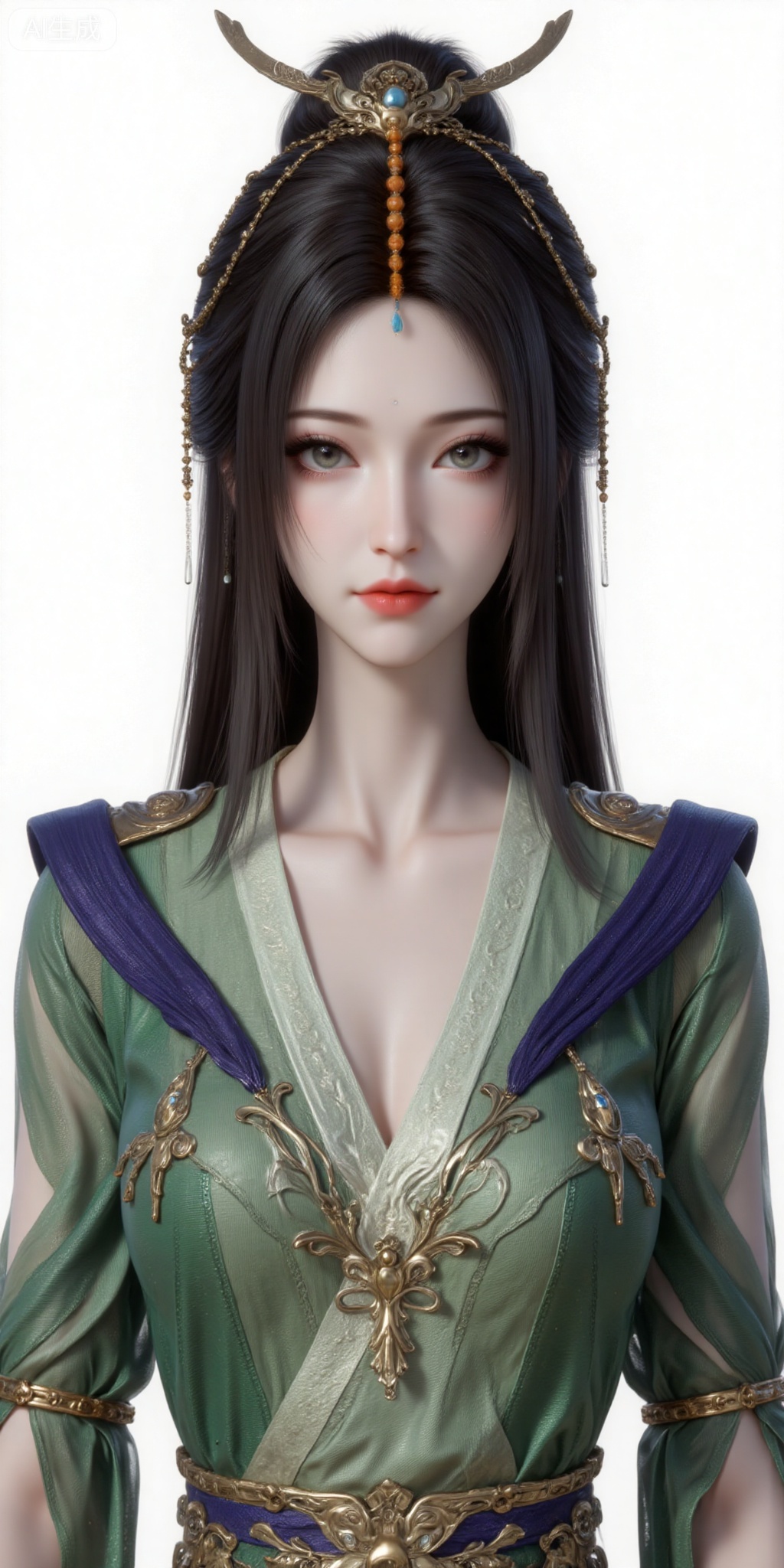 1girl, solo, upper body, long hair, hair ornament, green dress,brown hair, closed mouth, jewelry, earrings, looking at viewer,  dress, black hair, realistic,legs,long legs,high_heels,
liuyu,lvjing,pifu,guanghuapifu,
white_background,simple background,
