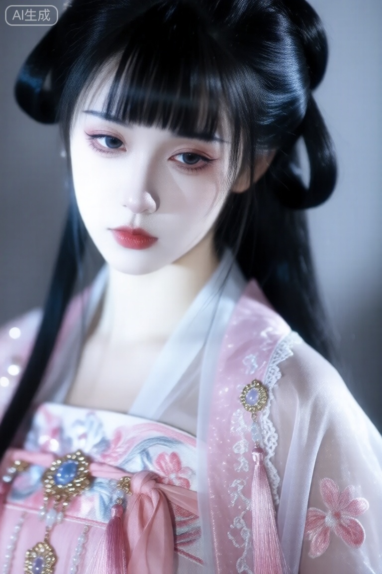 （大师杰作：1.3）,最佳品质,32K超高清,锐利聚焦：1.4,角色扮演：1.4,精致五官,瓷白肌肤,卡姿兰大眼睛,灵动有神,俏皮狡黠。白皙湿润透亮肌理,次表面散射光效,细节刻画精致,有琉璃质感,画面是一位妖冶少女的头部局部特写。她冷白的皮肤白皙水润光滑细腻,表情冷峻、冷酷且忧郁,含情杏眼垂眸,慵懒地盯着镜头。黑色长发梳成可爱双髻,刘海自然垂落,身着由亮片纱、亮片丝绒、欧根纱、花边、流苏、刺绣和印花组成的粉色古装,古装有着繁复的垂坠褶皱、华丽的饰品和传统衣服暗纹,少女的神态楚楚可怜又透着疏离。如温玉般洁白无暇的皮肤。自由视角,线性构图,人物超近距离拍摄,强对比戏剧光,顶光主光源,深邃阴影强化骨相,冷色调,极致微距镜头,眼部特写：1.2,无辜眼神凝视镜头,欢快电影感,32K级细腻肌肤细节：1.4,发丝分毫毕现：1.3