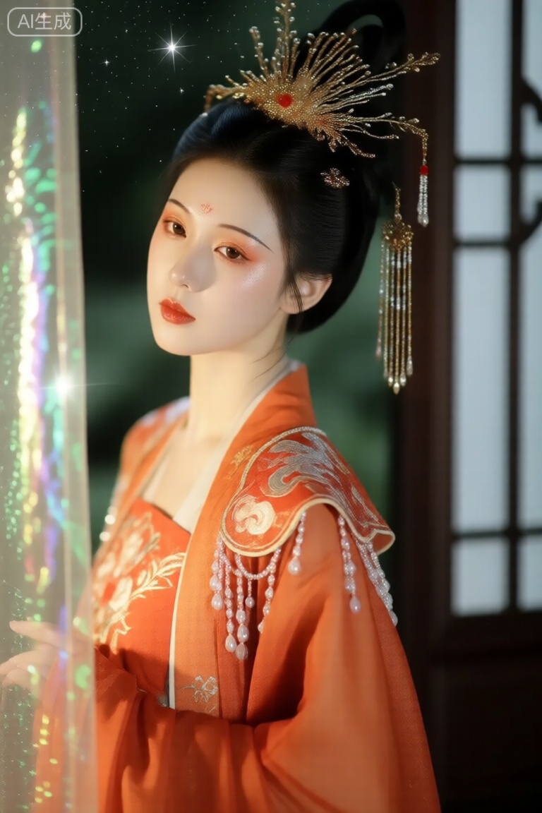 温和,云肩,明制,汉服,珠光,玉帘,彩光,脸部高光,高光,金烫彩,杏眼,橘红色系,细腻光,温柔,五官立体,白瓷皮肤,星汉灿烂,庭院,流苏发冠,窗景,暧光,复古,橘红衣