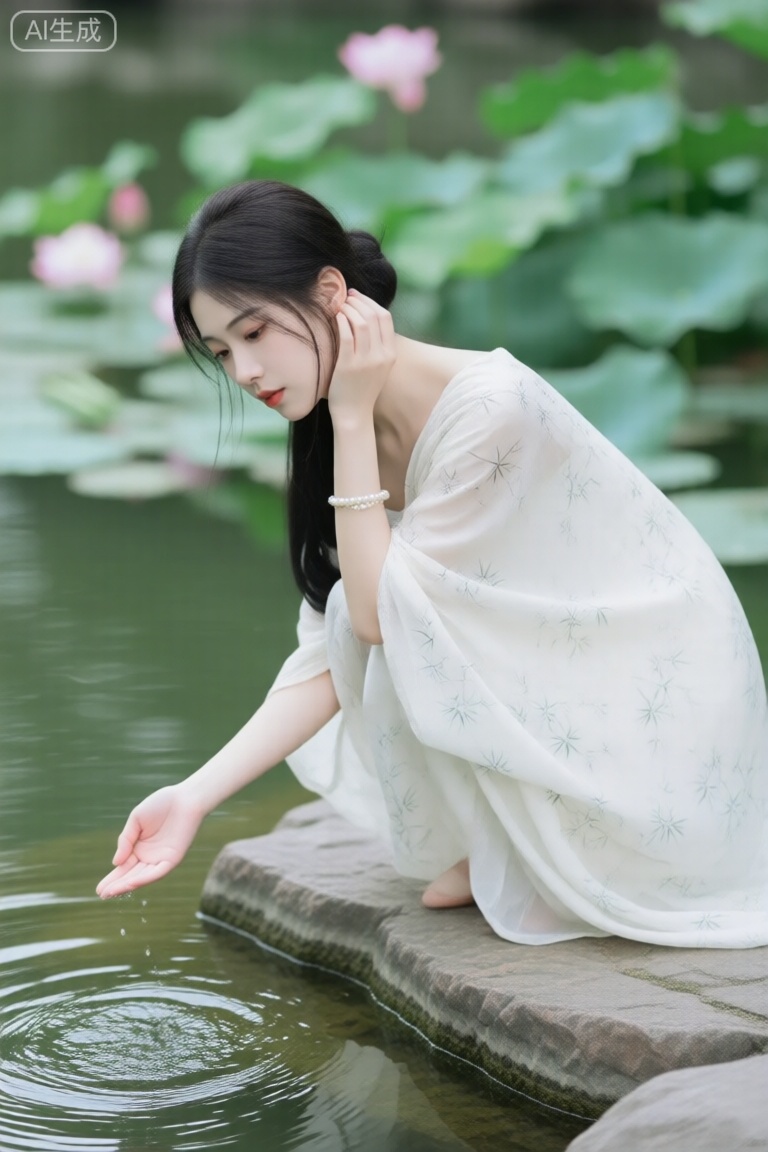 国风写真风格的画面,一位妆容清透、眼神柔静含着遐思的女子,低挽着发丝,几缕垂落,身着浅白竹叶纹纱衣,珍珠手链点缀在腕间,呈蹲姿,一手轻扶耳际、一手摊开承接水,动作优雅闲适。场景在水边石畔,水面泛绿、石块质朴,环境清幽。以近景偏半身、机位稍低平视的视角呈现,主体清晰,背景水色朦胧虚化,光影以柔光漫射为主,主色调为浅白与淡绿交织,色彩柔和清新,光效自然晕染,纱衣材质轻薄、肌理隐现,皮肤细腻,体现东方美学的灵秀温婉之韵。旁边的池塘里开满美丽的荷花和荷叶